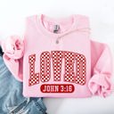 Small Light Pink Loved John 3:16 Checkered Cozy Valentine Love Christian Faith Scripture Sweatshirt