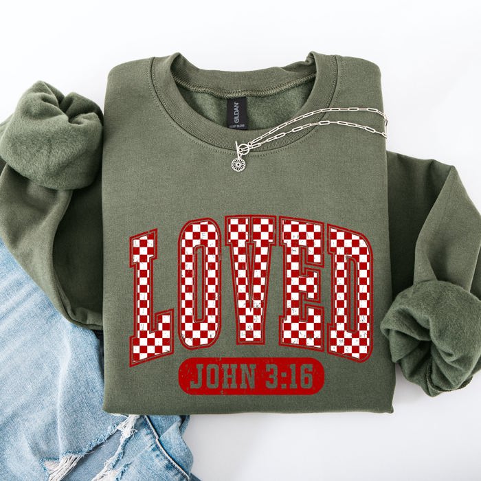 Loved John 3:16 Checkered Cozy Valentine Love Christian Faith Scripture Sweatshirt