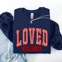 Medium Navy Loved John 3:16 Checkered Cozy Valentine Love Christian Faith Scripture Sweatshirt