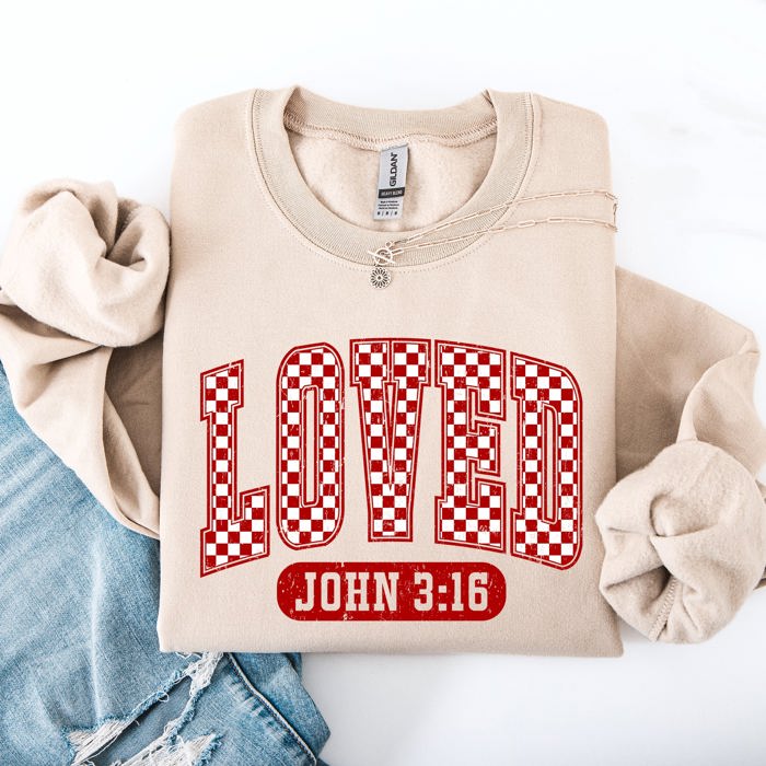 Loved John 3:16 Checkered Cozy Valentine Love Christian Faith Scripture Sweatshirt