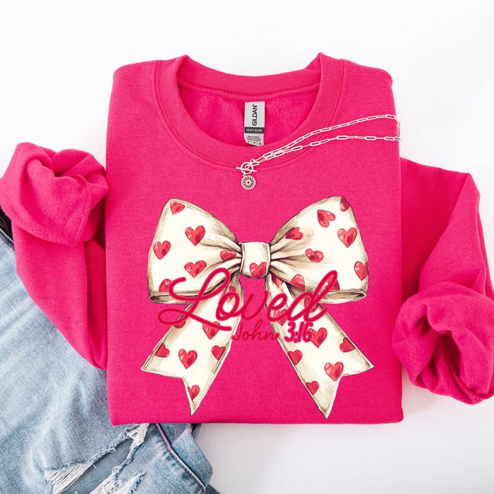 Loved John 3:16 Valentine's Day Hearts Ribbon Bow Christian Faith Bible Verse Inspired Sweatshirt