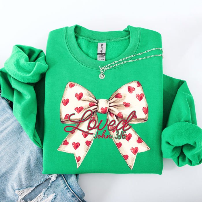 Loved John 3:16 Valentine's Day Hearts Ribbon Bow Christian Faith Bible Verse Inspired Sweatshirt