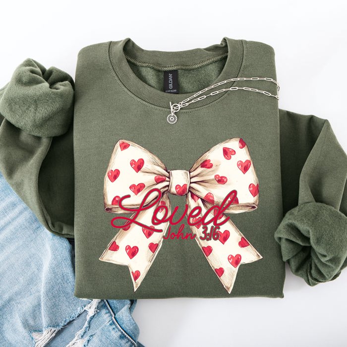 Loved John 3:16 Valentine's Day Hearts Ribbon Bow Christian Faith Bible Verse Inspired Sweatshirt