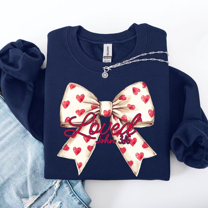 Loved John 3:16 Valentine's Day Hearts Ribbon Bow Christian Faith Bible Verse Inspired Sweatshirt