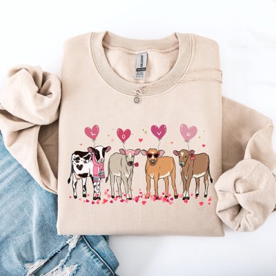 Valentine's Calves And Cows Farm Life Hearts Love For Animals Farmhouse Design Sweatshirt