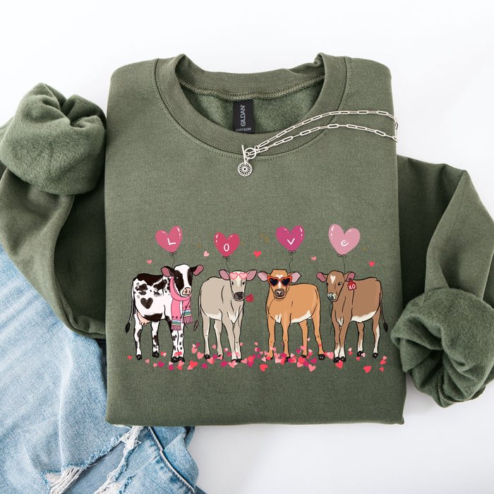 Valentine's Calves And Cows Farm Life Hearts Love For Animals Farmhouse Design Sweatshirt