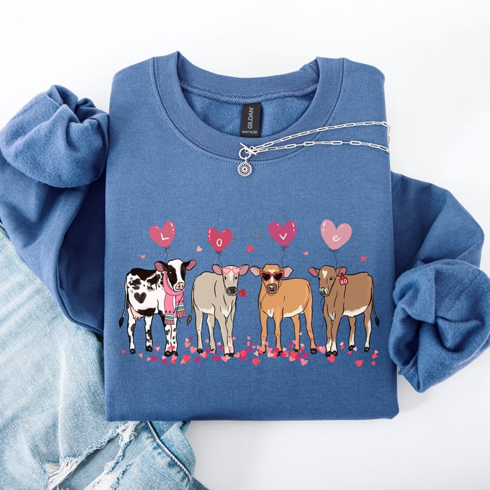 Valentine's Calves And Cows Farm Life Hearts Love For Animals Farmhouse Design Sweatshirt