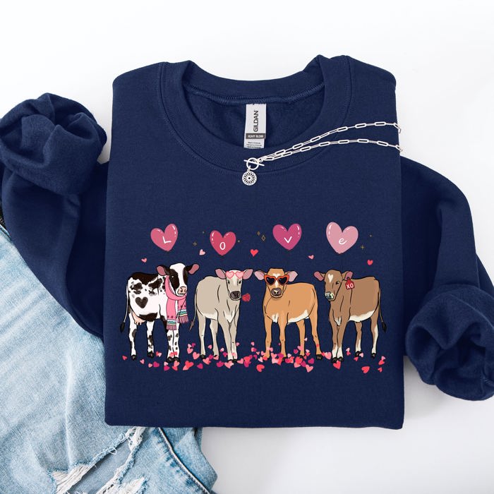 Valentine's Calves And Cows Farm Life Hearts Love For Animals Farmhouse Design Sweatshirt