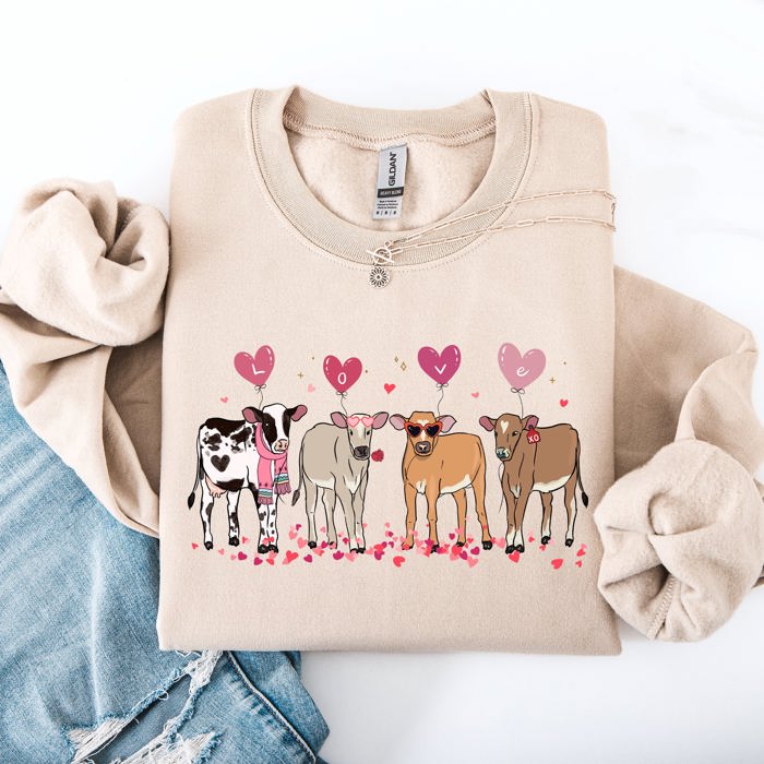 Valentine's Calves And Cows Farm Life Hearts Love For Animals Farmhouse Design Sweatshirt