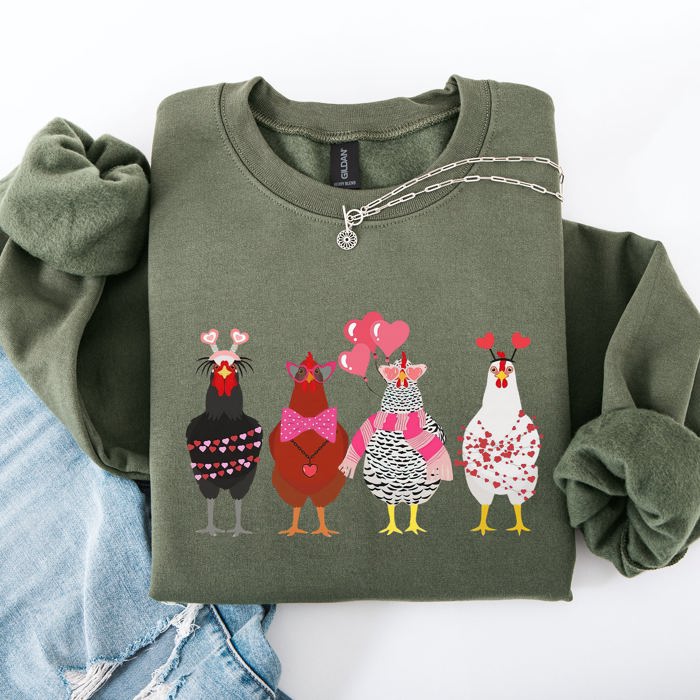 Valentine's Chickens Love Hearts Whimsical Farmhouse Cozy Design For Farm Lovers Sweatshirt