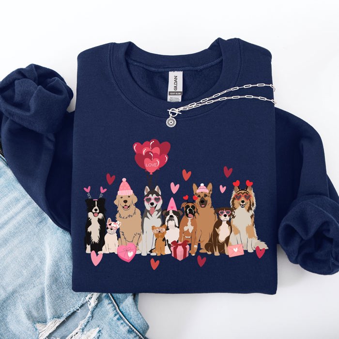 Valentine's Dogs Balloons Hearts Paw Prints Animal Lover Theme Cozy Cartoon Style Sweatshirt