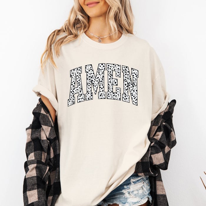 Amen Dalmatian Print Christian Jesus Gospel Faith Saved Inspirational Religious Apparel Comfort Colors Tee