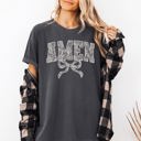 Small Pepper Dark Gray Amen Lace Coquette Ribbon Bow Christian Jesus Gospel Faith Saved Comfort Colors Tee