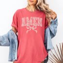 Large Watermelon Pink Amen Lace Coquette Ribbon Bow Christian Jesus Gospel Faith Saved Comfort Colors Tee