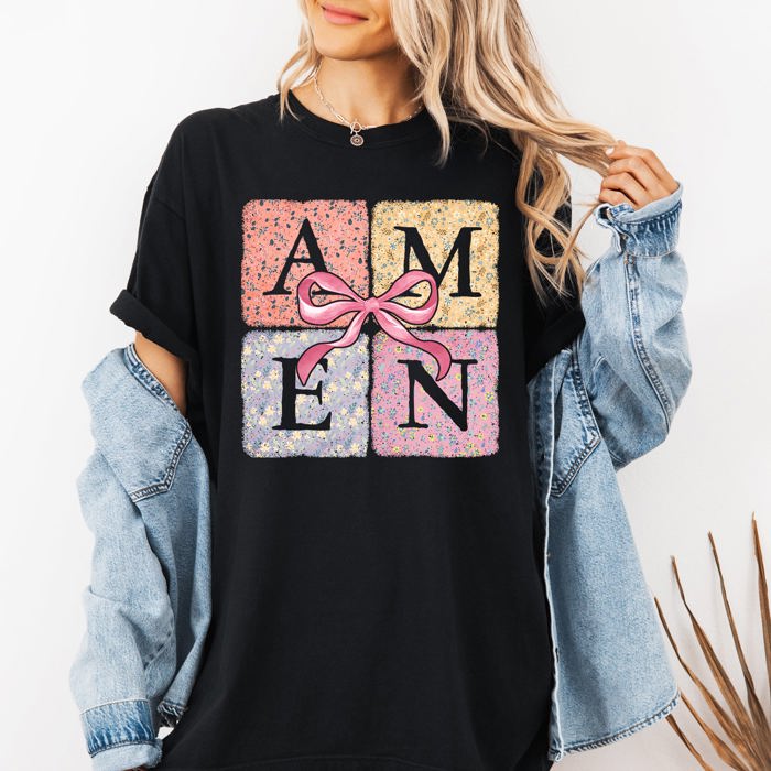 Colorful Floral Amen Ribbon Coquette Christian Jesus Gospel Faith Saved Comfort Colors Tee