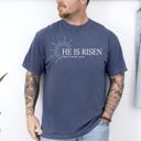 Medium Denim Blue He Is Risen Matthew Christian Jesus Gospel Faith Saved Bible Verse Comfort Colors Tee