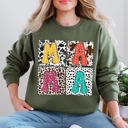 Large Military Green Mama Bold Animal Print Leopard Cow Dalmatian Retro Mother's Day Graphic Sweatshirt