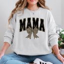 Medium Ash Light Gray Uniquely Styled Mama Leopard Print Bow Ribbon Embellished Cozy Mother's Day Sweatshirt