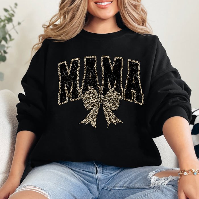 Uniquely Styled Mama Leopard Print Bow Ribbon Embellished Cozy Mother's Day Sweatshirt