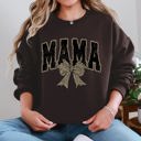 Small Dark Chocolate Uniquely Styled Mama Leopard Print Bow Ribbon Embellished Cozy Mother's Day Sweatshirt