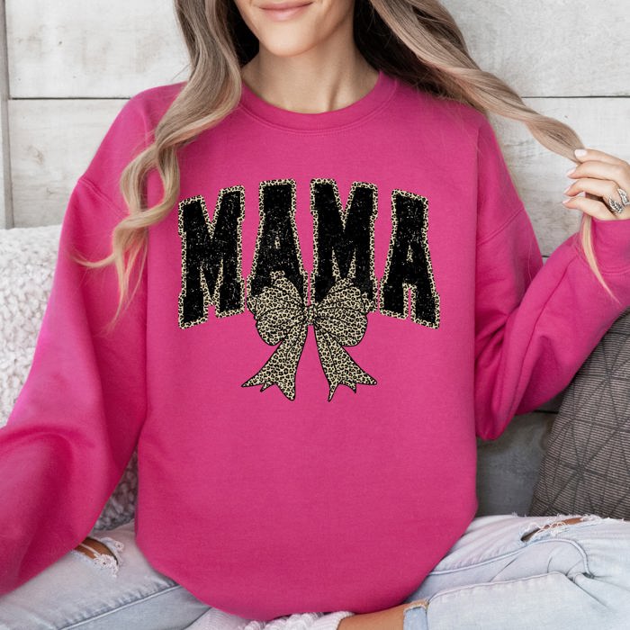 Uniquely Styled Mama Leopard Print Bow Ribbon Embellished Cozy Mother's Day Sweatshirt
