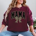 Medium Maroon Uniquely Styled Mama Leopard Print Bow Ribbon Embellished Cozy Mother's Day Sweatshirt