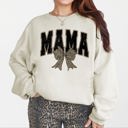 Small Sand Uniquely Styled Mama Leopard Print Bow Ribbon Embellished Cozy Mother's Day Sweatshirt