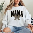 Medium White Uniquely Styled Mama Leopard Print Bow Ribbon Embellished Cozy Mother's Day Sweatshirt