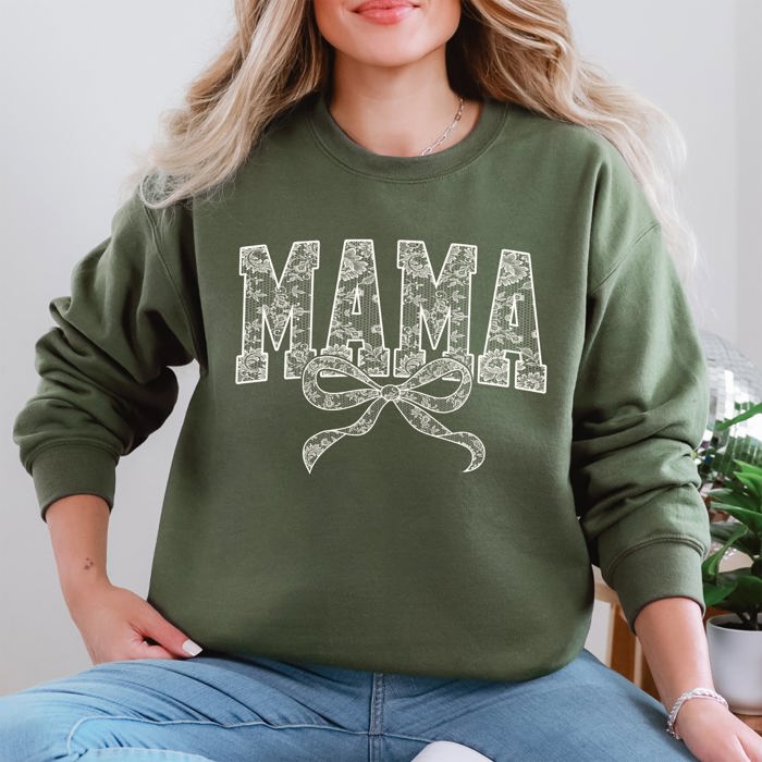 Mama Bow Ribbon Faux Lace Coquette Varsity Mother's Day Edition Keepsake Sweatshirt
