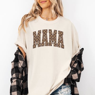 Mama Brown Checkered Retro Varsity Mother's Day Vintage Graphic Print Edition Comfort Colors Tee