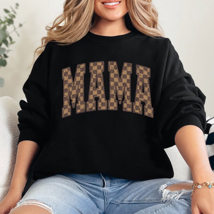 Mama Brown Checkered Retro Varsity Mother's Day Sweatshirt