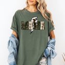 XL Moss Dark Green Mama Cow Print Checkered Lightning Bolt Retro Mother's Day Celebration Comfort Colors Tee