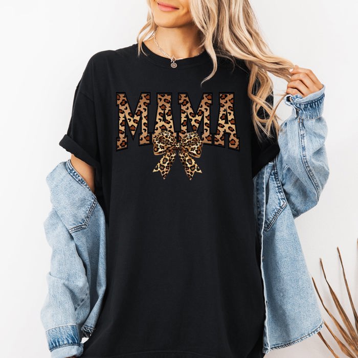 Mama Leopard Print Bow Ribbon Mother's Day Celebration Edition Leopard Style Vintage-Inspired Comfort Colors Tee