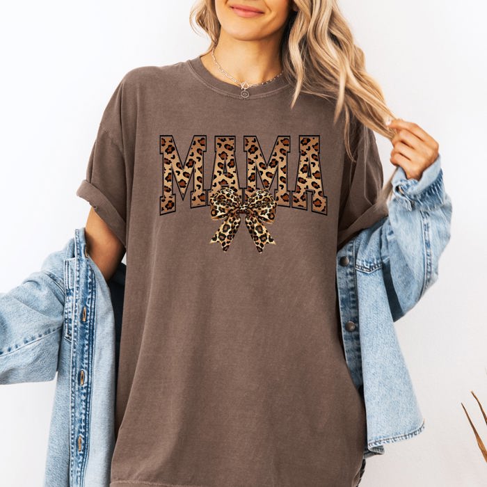 Mama Leopard Print Bow Ribbon Mother's Day Celebration Edition Leopard Style Vintage-Inspired Comfort Colors Tee