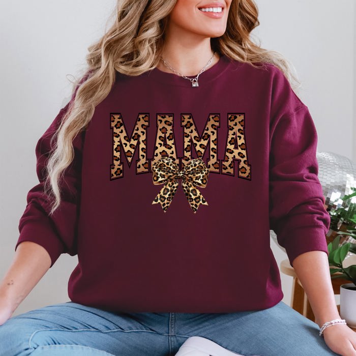 Mama Leopard Print Bow Ribbon Mother's Day Cozy Fleece Style Edition Deluxe Sweatshirt