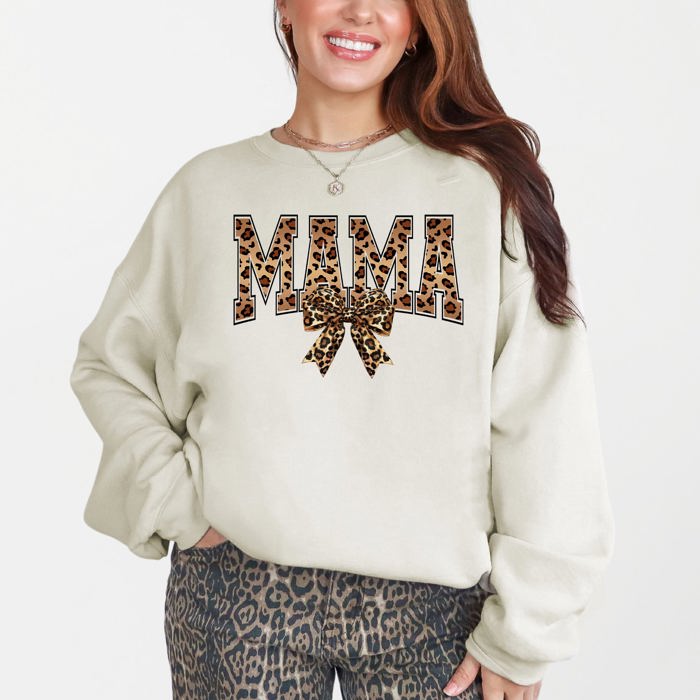 Mama Leopard Print Bow Ribbon Mother's Day Cozy Fleece Style Edition Deluxe Sweatshirt