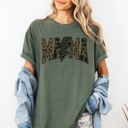 Medium Moss Dark Green Mama Leopard Print Camo Checkered Lightning Bolt Mother's Day Comfort Colors Tee