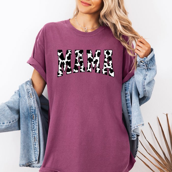 Mama Retro Cow Print Varsity Vintage-Inspired Mother's Day Edition For Moms Comfort Colors Tee