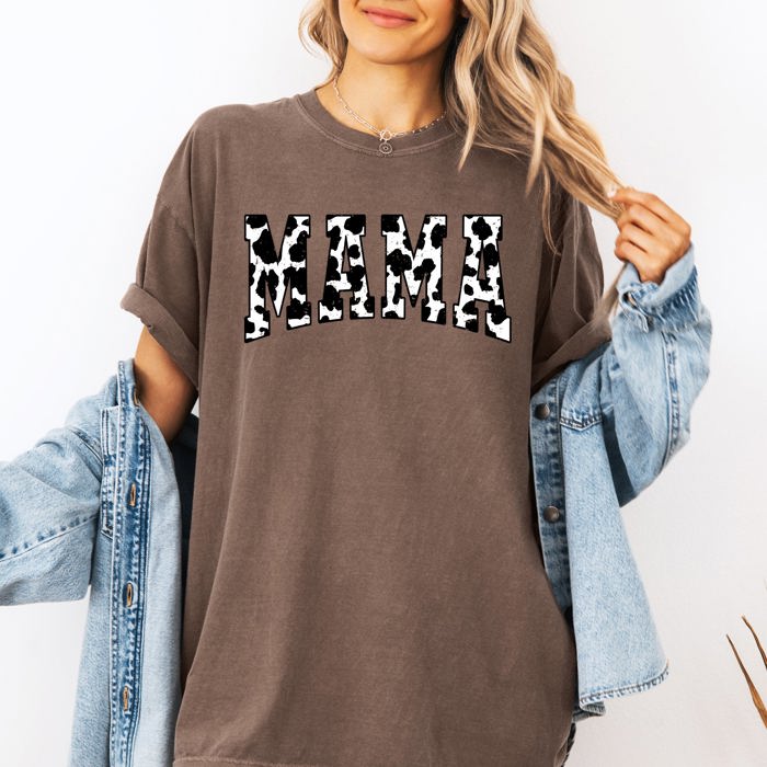 Mama Retro Cow Print Varsity Vintage-Inspired Mother's Day Edition For Moms Comfort Colors Tee
