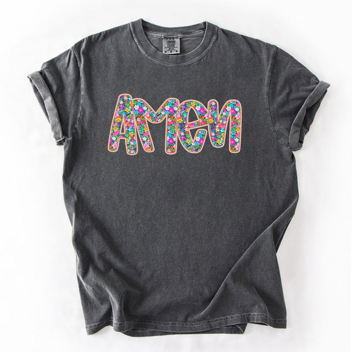 Amen Christian Gospel Faith Floral Flowers Bright Colorful Pastels Comfort Colors Tee