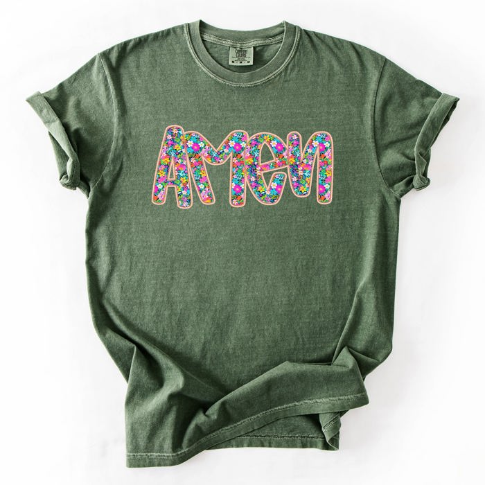 Amen Christian Gospel Faith Floral Flowers Bright Colorful Pastels Comfort Colors Tee