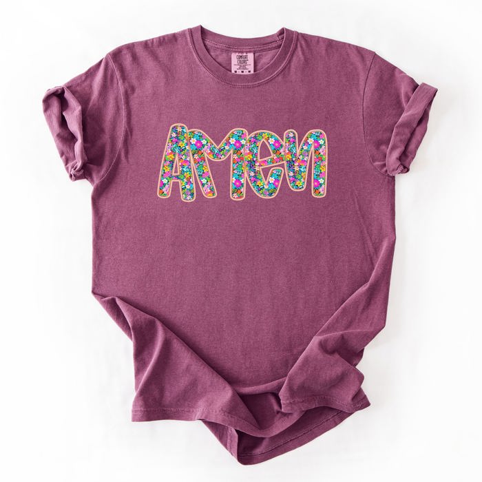 Amen Christian Gospel Faith Floral Flowers Bright Colorful Pastels Comfort Colors Tee