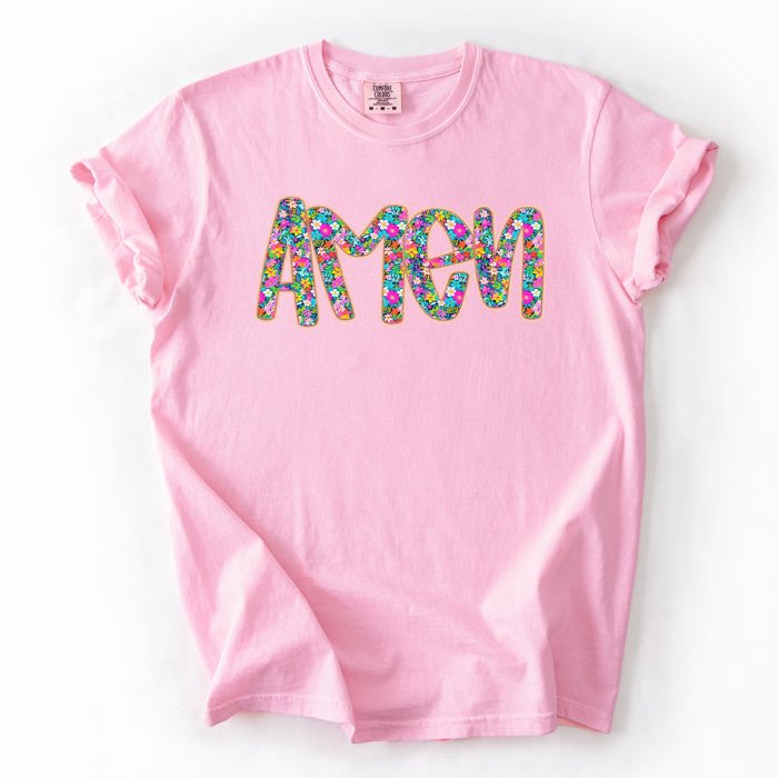 Amen Christian Gospel Faith Floral Flowers Bright Colorful Pastels Comfort Colors Tee