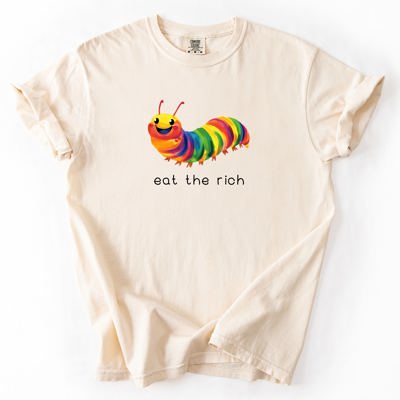 Eat The Rich Hungry Caterpillar Colorful Bold Satire Graphic Style Print Modern Streetwear Statement Comfort Colors Tee
