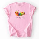 Large Blossom Light Pink Eat The Rich Hungry Caterpillar Colorful Bold Satire Graphic Style Print Modern Streetwear Statement Comfort Colors Tee