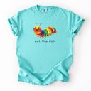 Small Chalky Mint Eat The Rich Hungry Caterpillar Colorful Bold Satire Graphic Style Print Modern Streetwear Statement Comfort Colors Tee