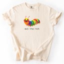 Large Ivory Cream Eat The Rich Hungry Caterpillar Colorful Bold Satire Graphic Style Print Modern Streetwear Statement Comfort Colors Tee