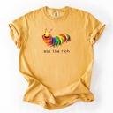 XL Mustard Eat The Rich Hungry Caterpillar Colorful Bold Satire Graphic Style Print Modern Streetwear Statement Comfort Colors Tee