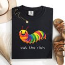 Small Black Eat The Rich Hungry Caterpillar Colorful Bold Satire Graphic Style Print Modern Streetwear Statement Comfort Colors Tee