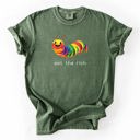 Medium Moss Dark Green Eat The Rich Hungry Caterpillar Colorful Bold Satire Graphic Style Print Modern Streetwear Statement Comfort Colors Tee